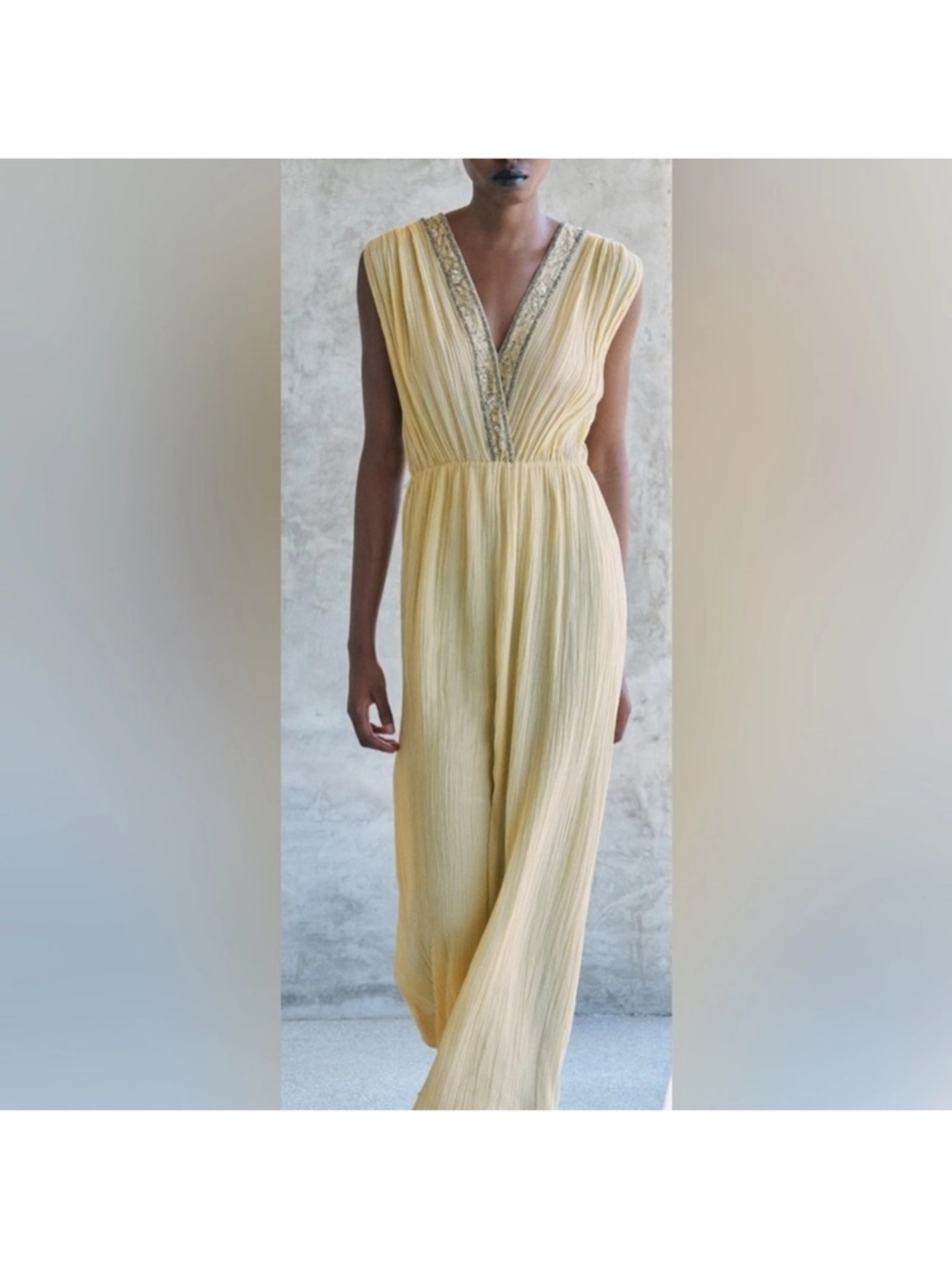 Zara Mustard Yellow Embellished V-Neck Maxi Dress